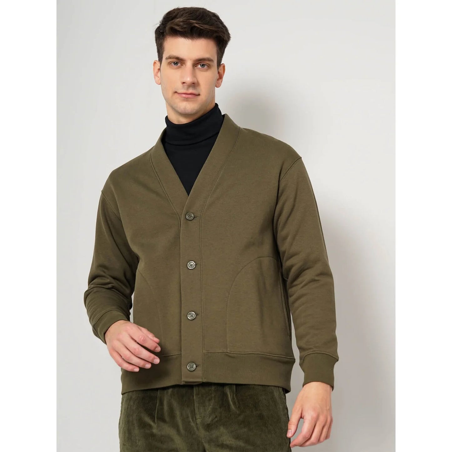 Celio* Solid Relaxed Fit Cotton-Blend Olive Sweatshirt