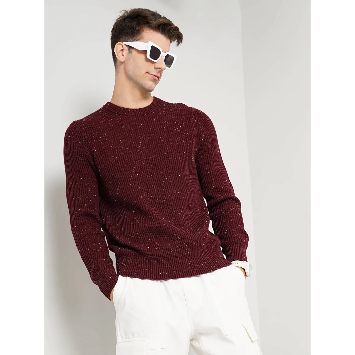Celio* Textured Regular Fit Cotton-Blend Maroon Sweater