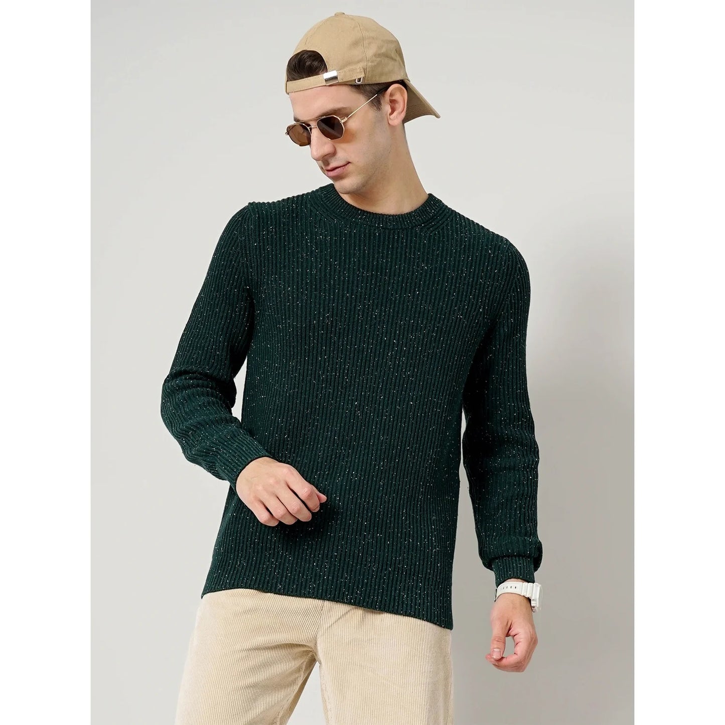 Celio* Textured Regular Fit Cotton-Blend Green Sweater