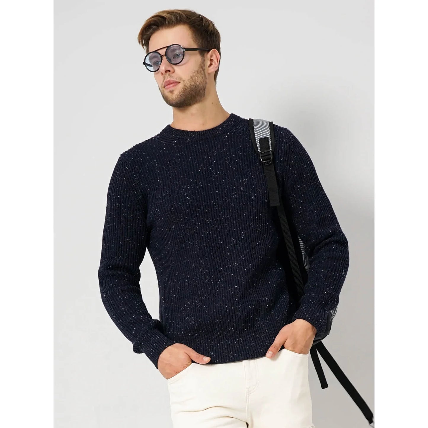 Celio* Textured Regular Fit Cotton-Blend Navy Blue Sweater