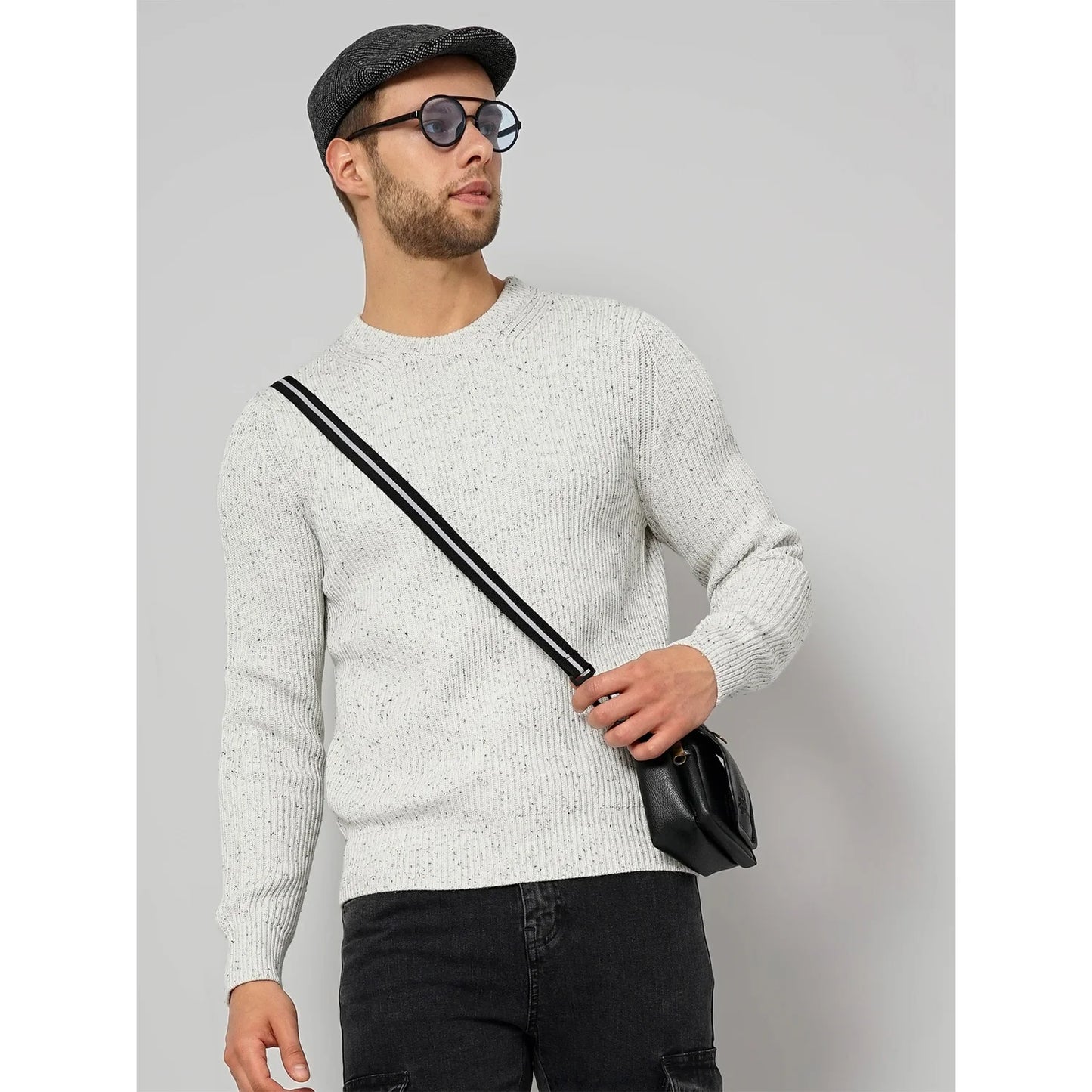 Celio* Textured Regular Fit Cotton-Blend White Sweater
