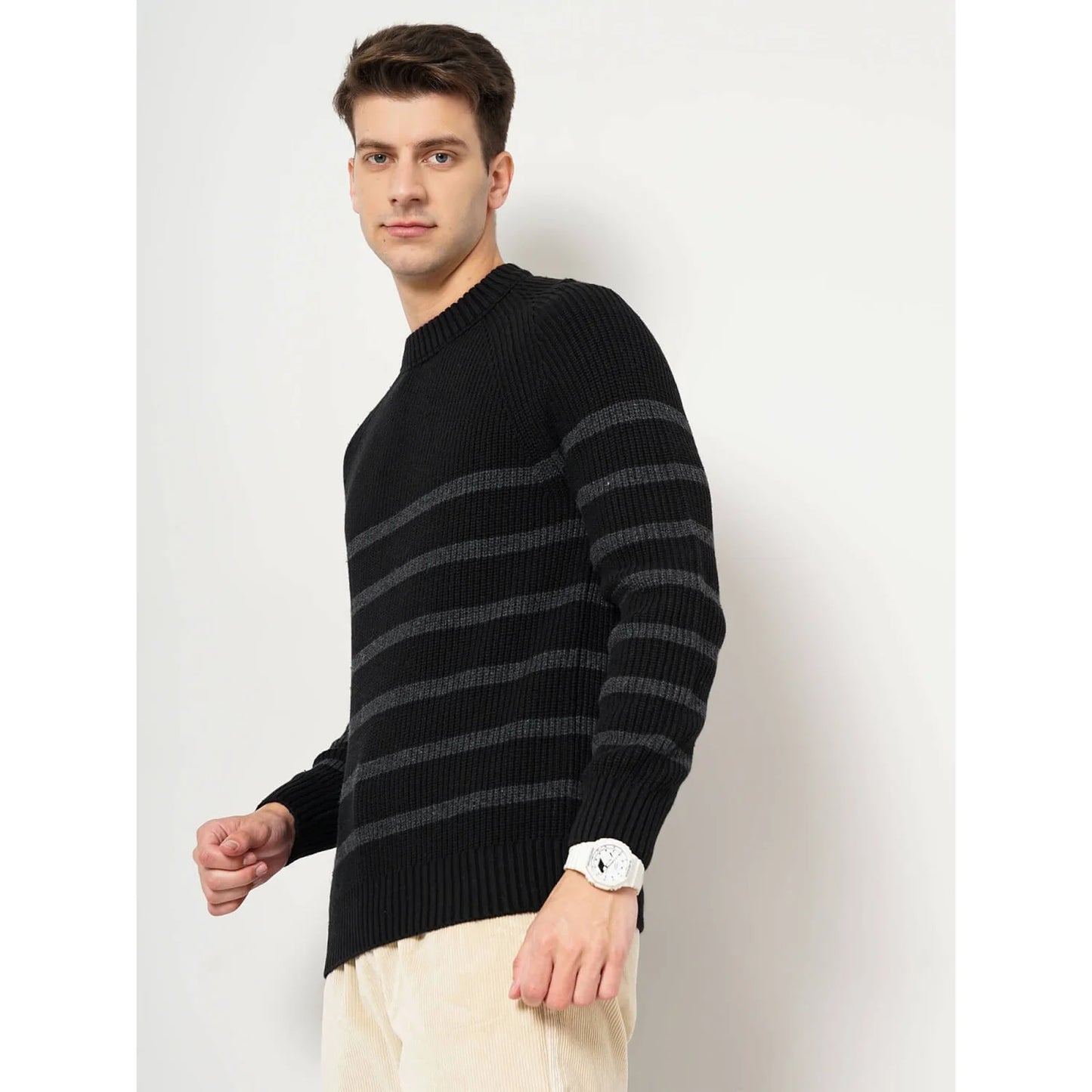 Celio* Striped Regular Fit Cotton-Blend Black Sweater