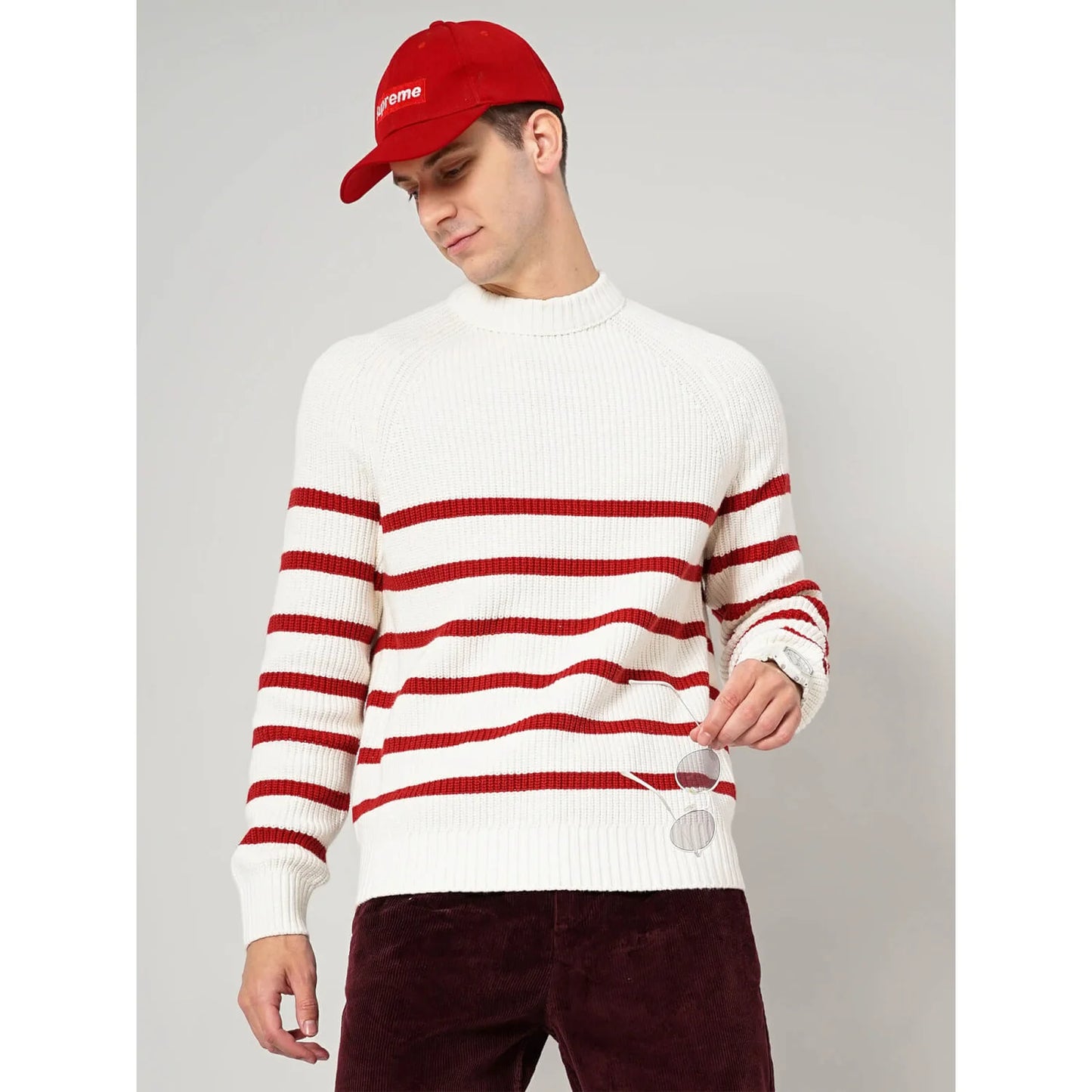 Celio* Striped Regular Fit Cotton-Blend White Sweater
