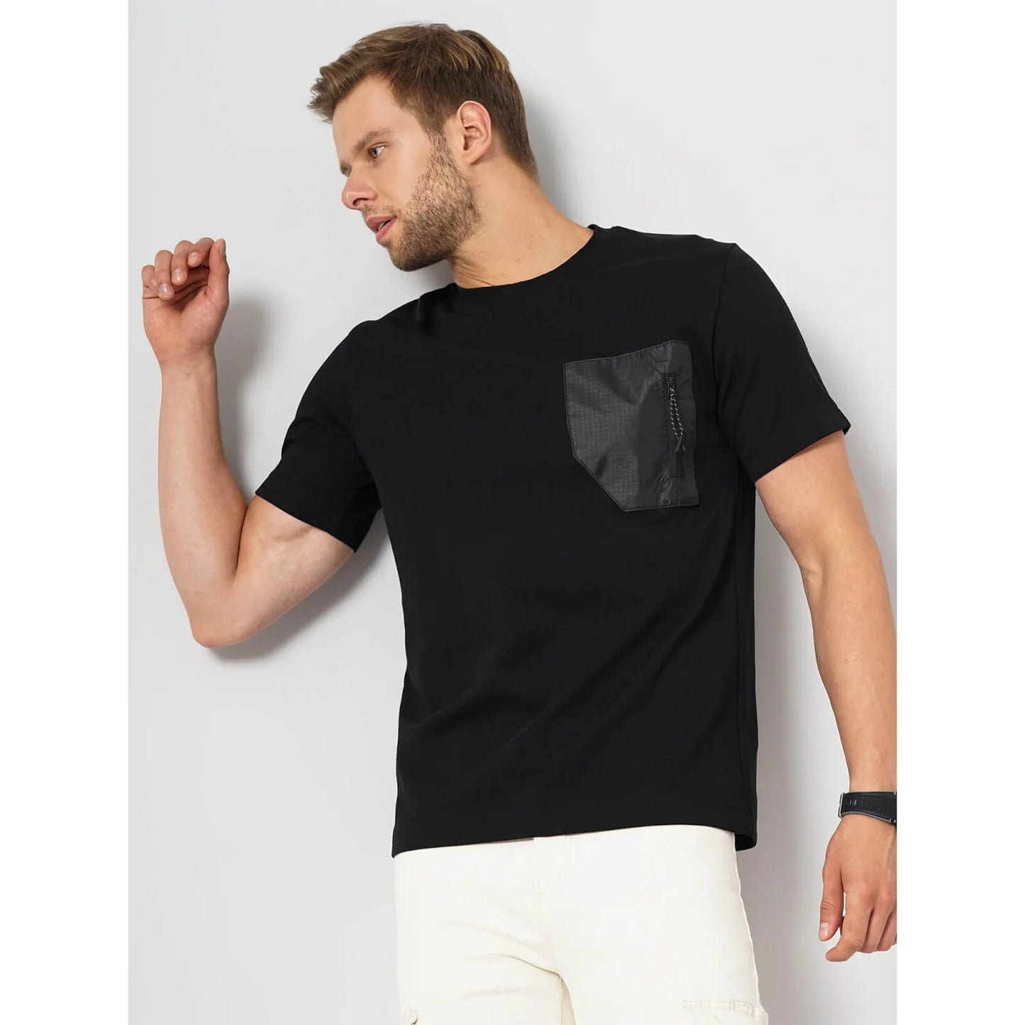 Celio* Solid Relaxed Fit Cotton-Blend Black T-Shirt