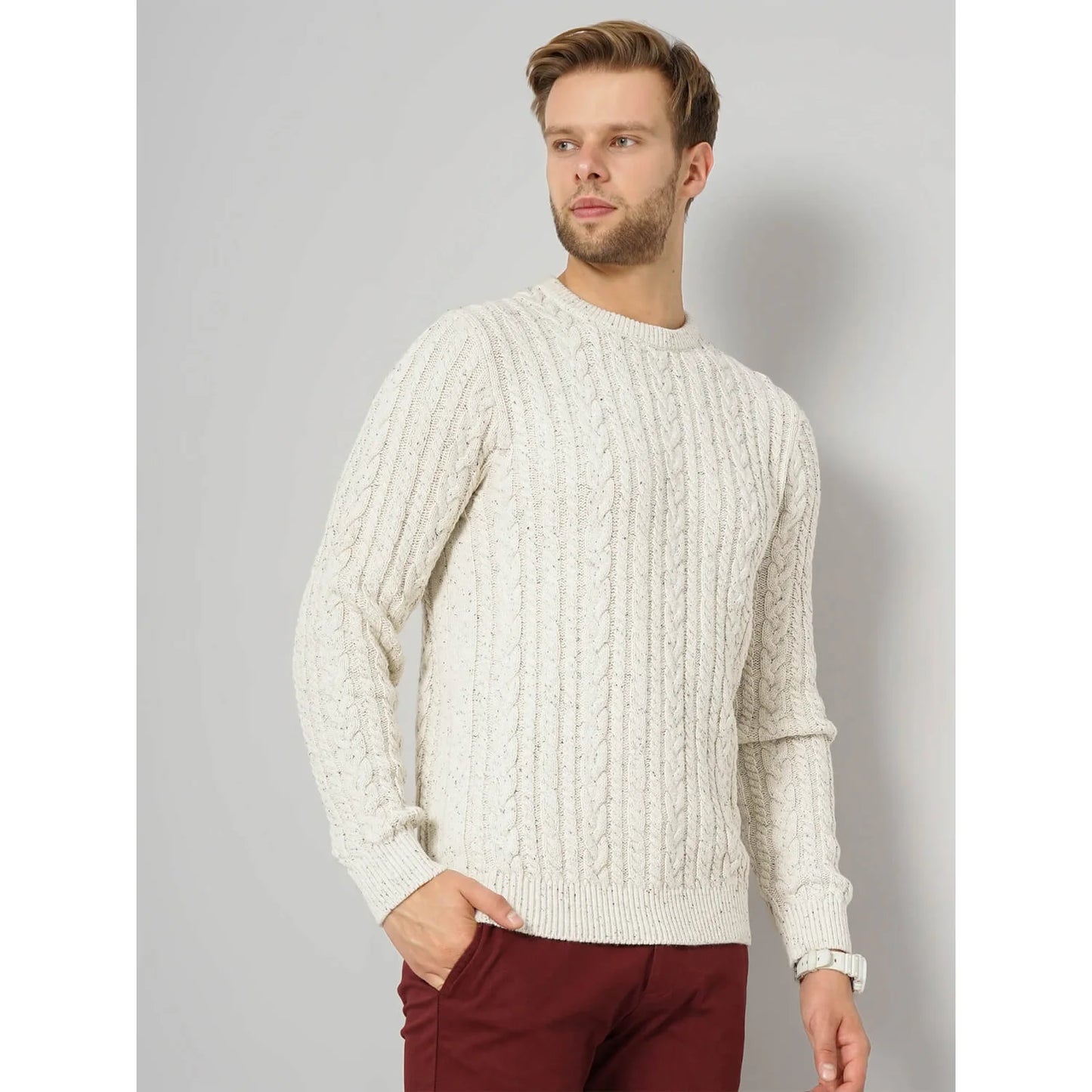 Celio* Solid Regular Fit Cotton-Blend Off White Sweater