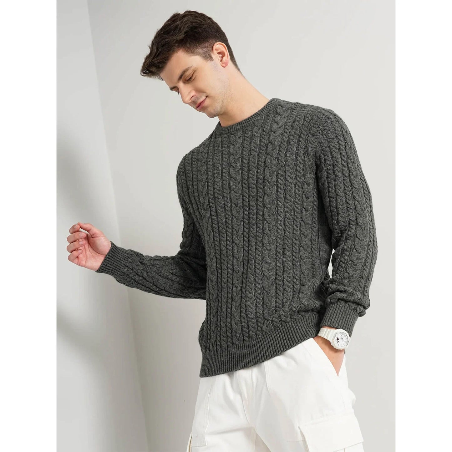 Celio* Solid Regular Fit Cotton-Blend Grey Sweater