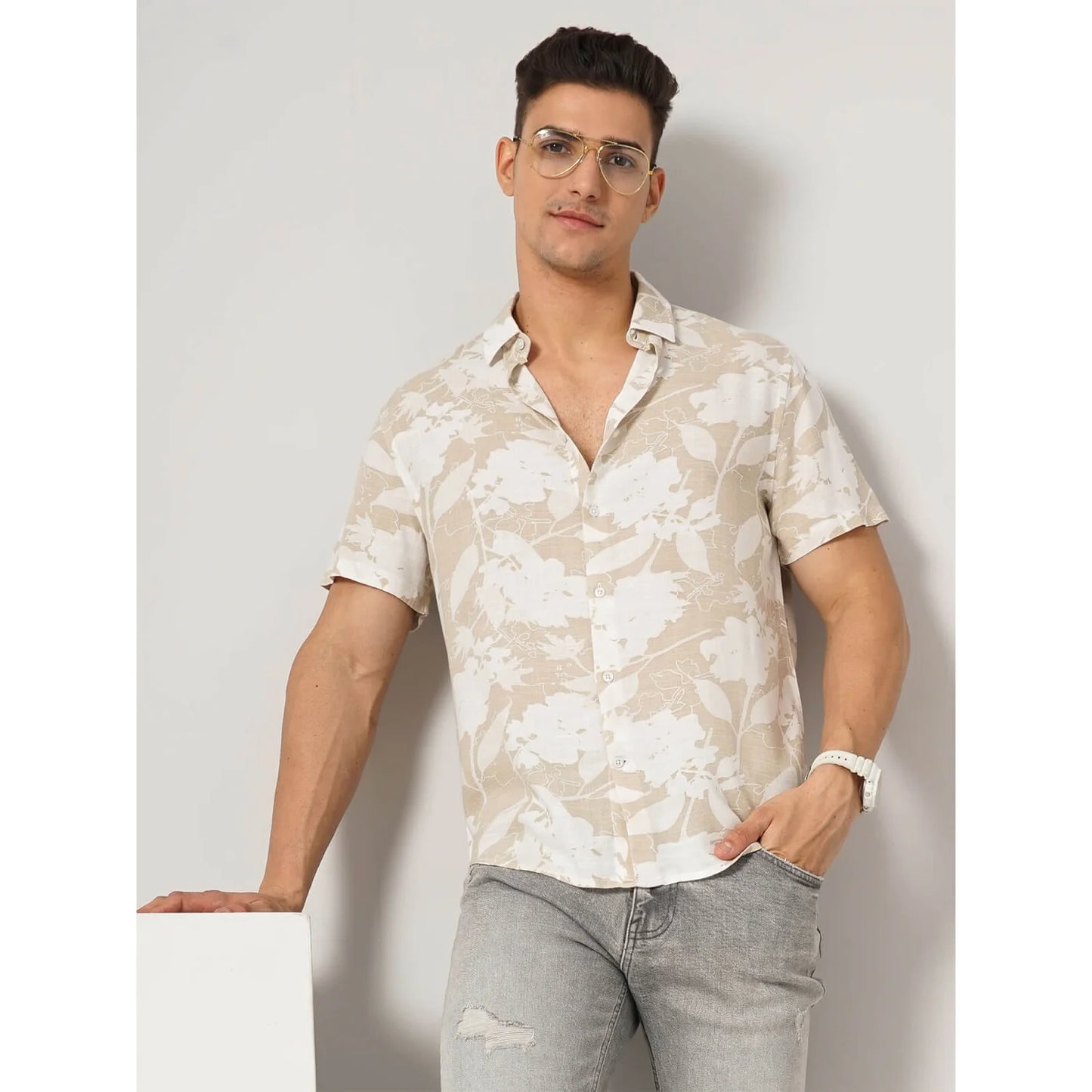 Celio* Floral Regular Fit Viscose Beige Shirt