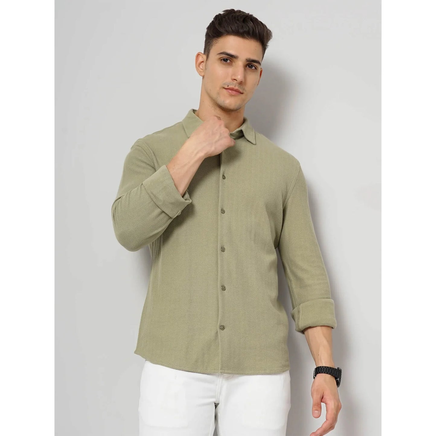 Celio* Solid Regular Fit Cotton Olive Shirt