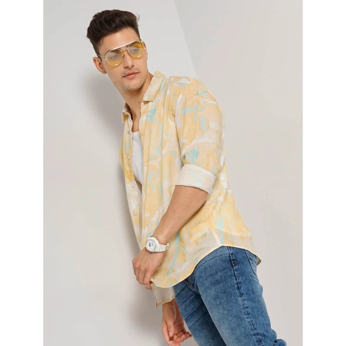 Celio* Abstract Regular Fit Linen-Blend Yellow Shirt