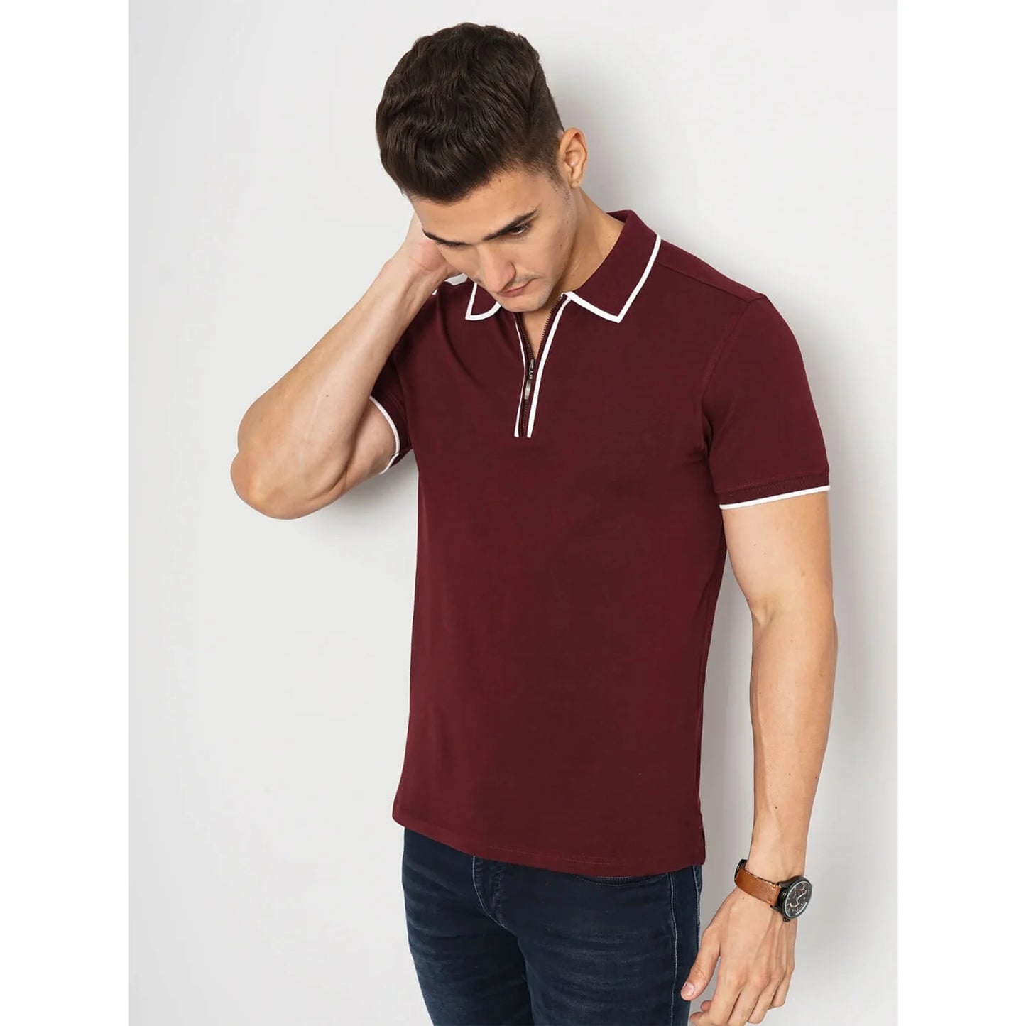Celio* Solid Slim Fit Cotton-Blend Burgundy T-Shirt