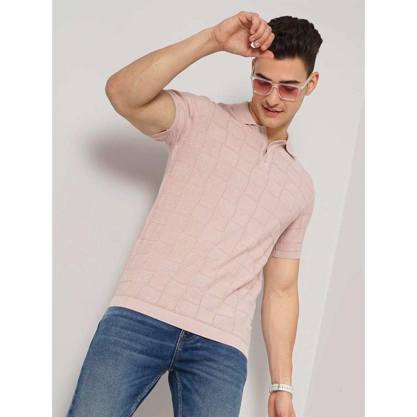 Celio* Textured Regular Fit Cotton Pink T-Shirt