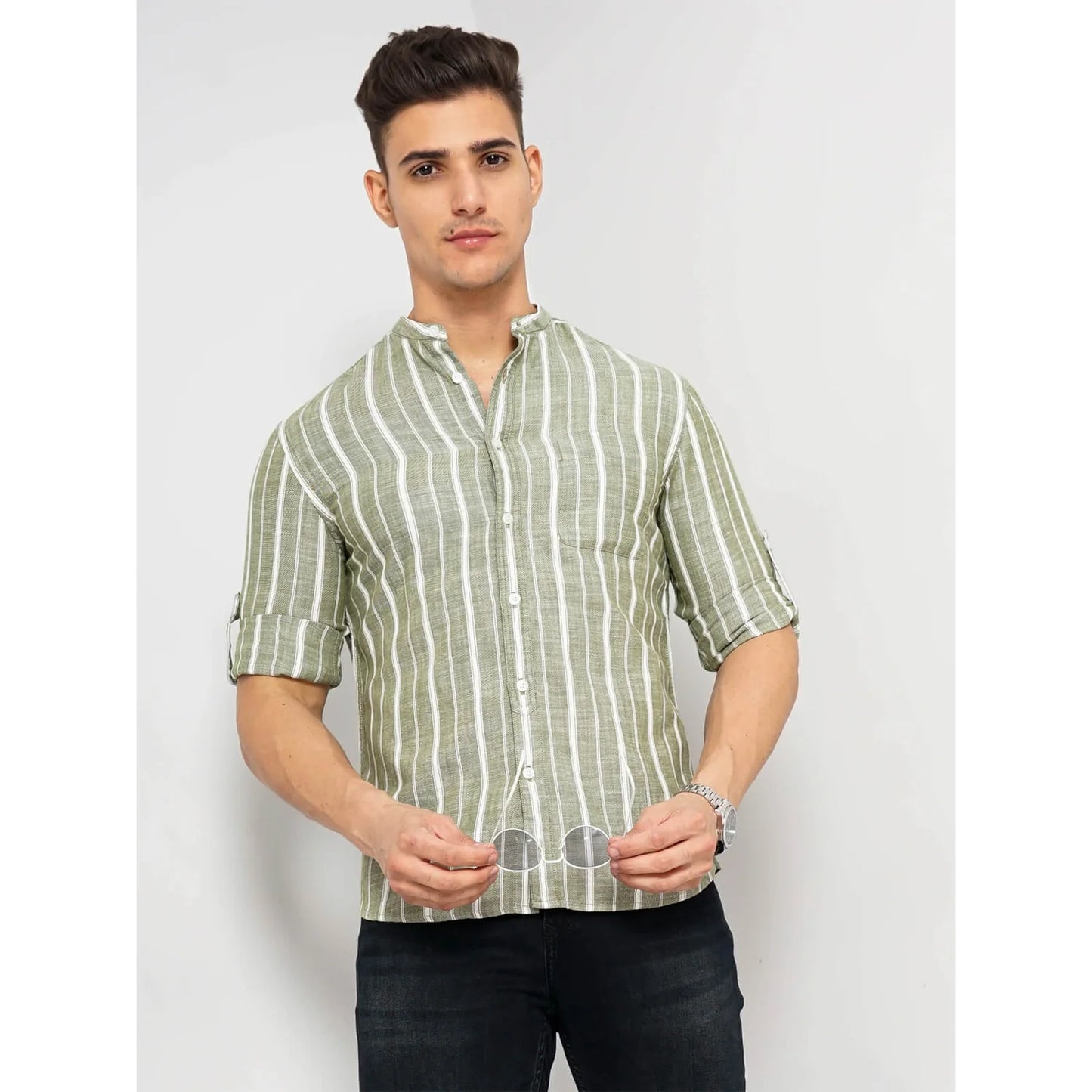 Celio* Striped Slim Fit Cotton-Linen-Blend Olive Shirt