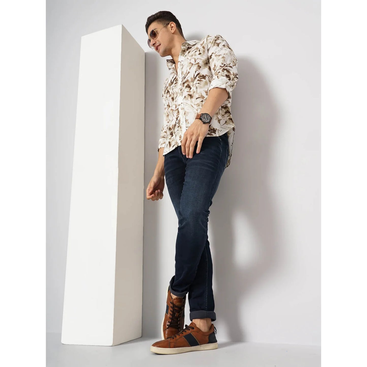 Celio* Floral Regular Fit Cotton Brown Shirt
