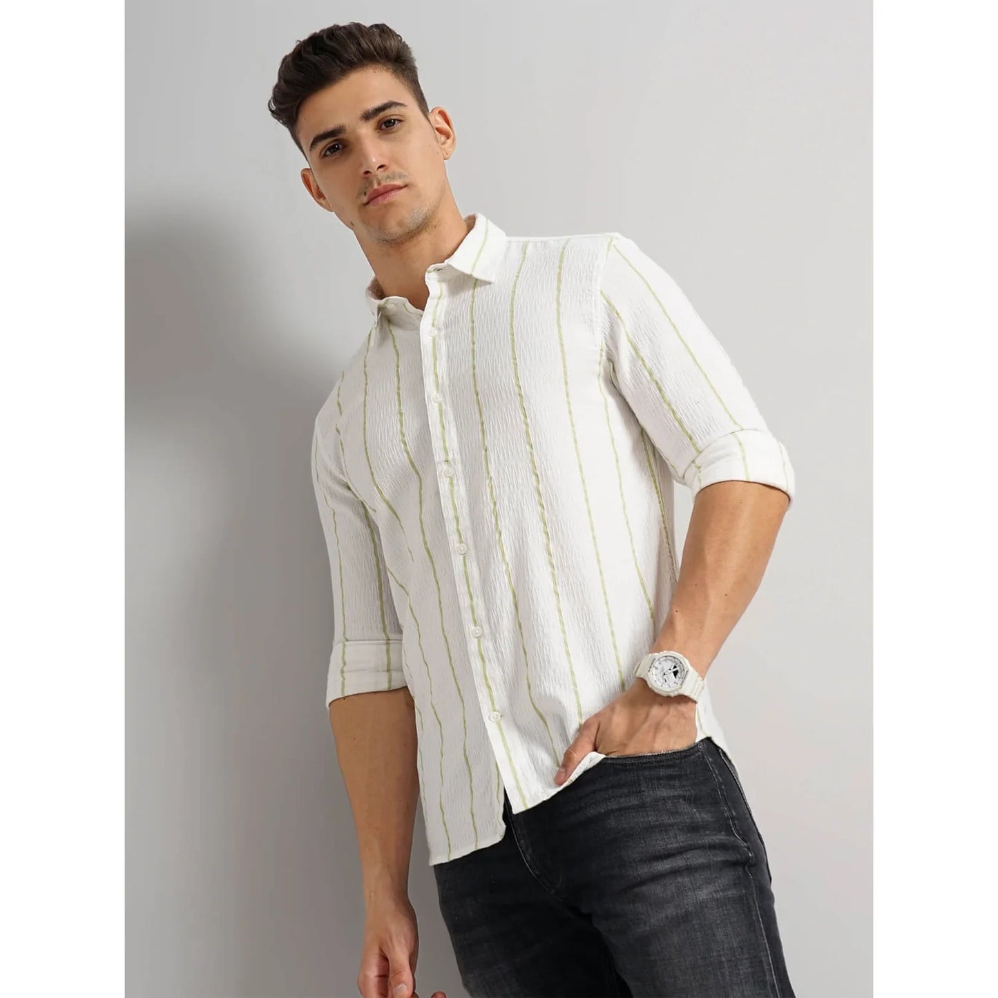 Celio* Striped Regular Fit Cotton White Shirt