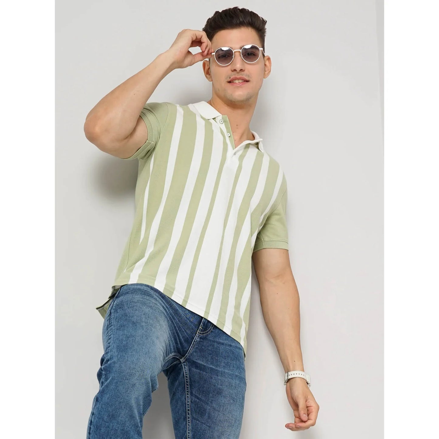 Celio* Striped Regular Fit Cotton Green T-Shirt