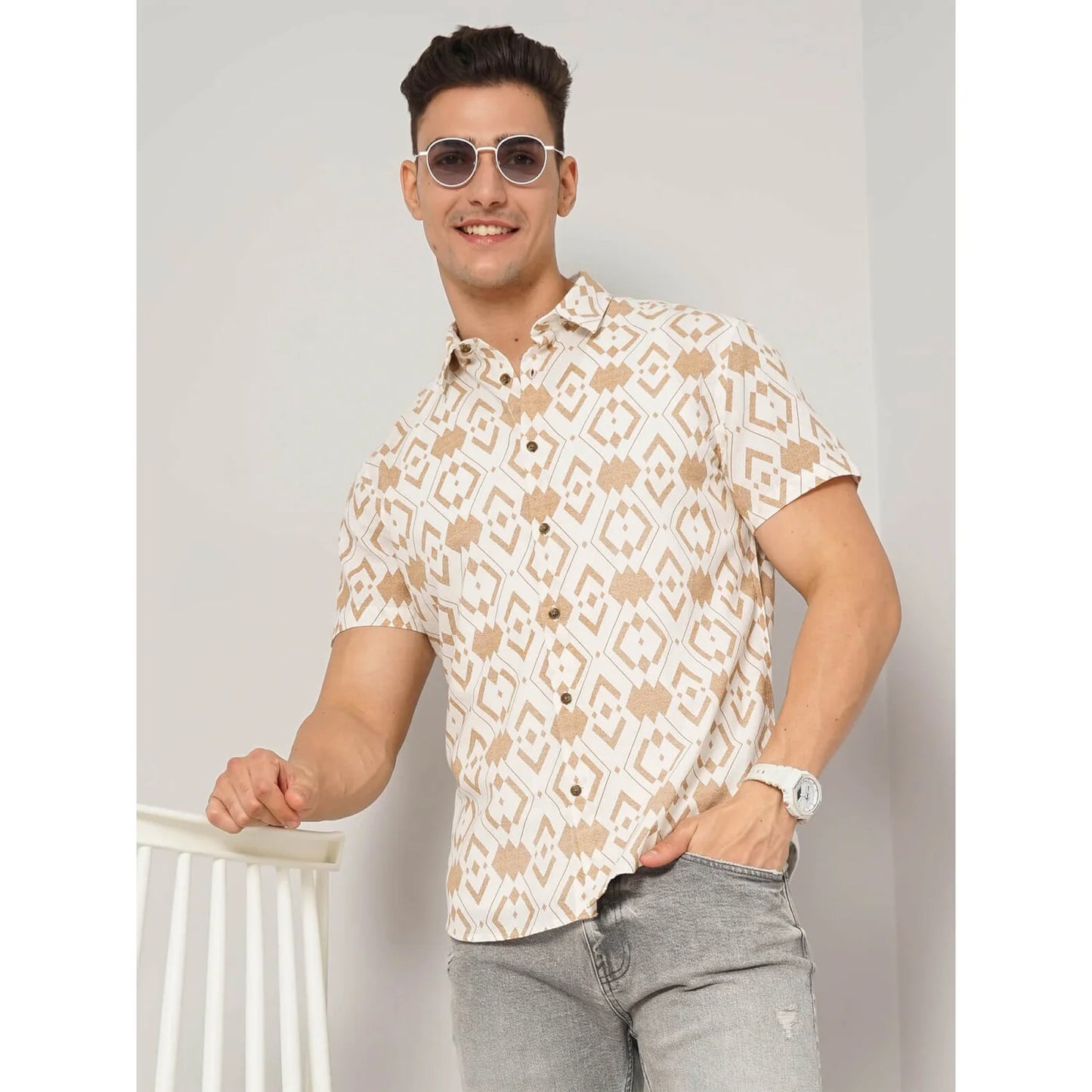 Celio* Floral Regular Fit Cotton Beige Shirt