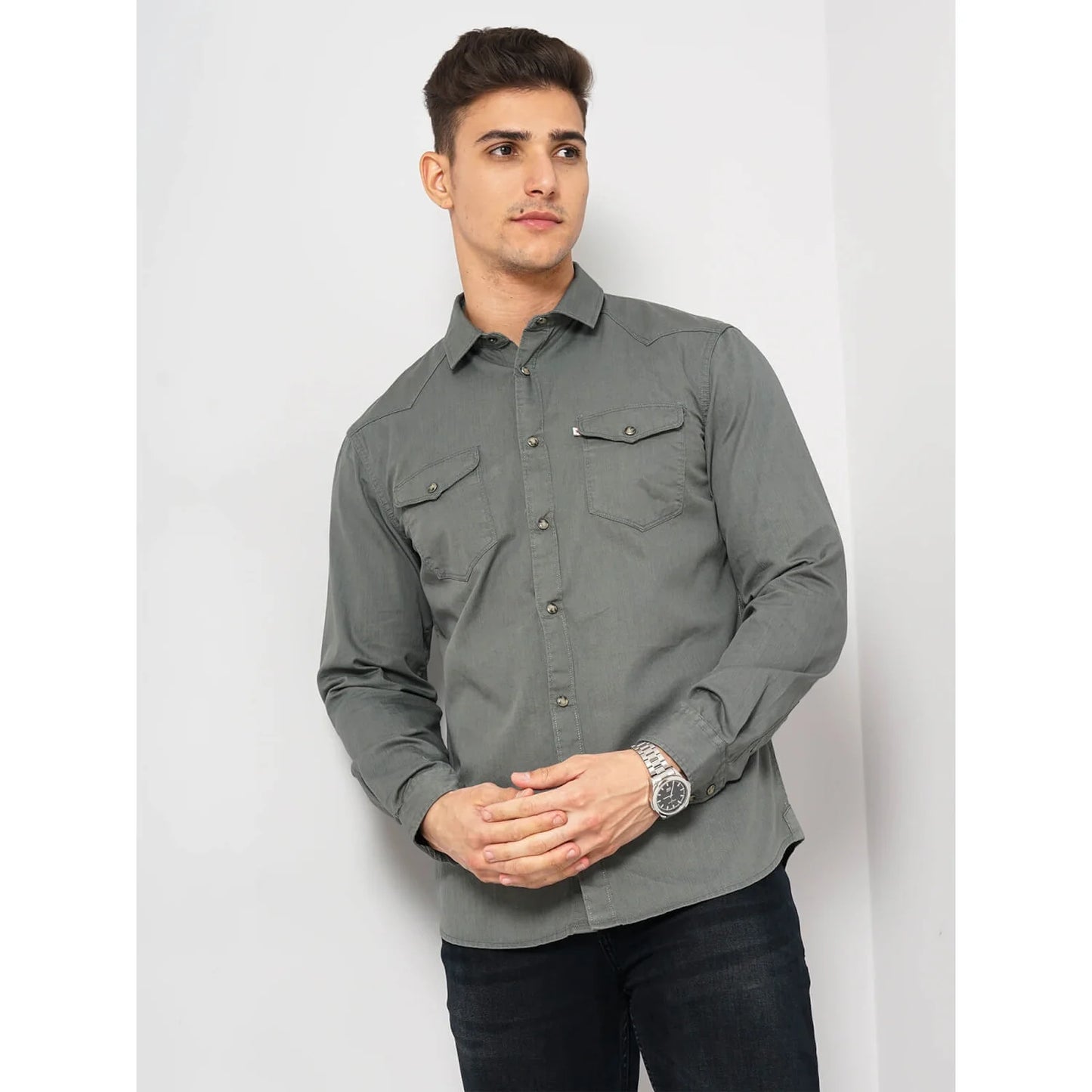 Celio* Solid Regular Fit Cotton Grey Shirt