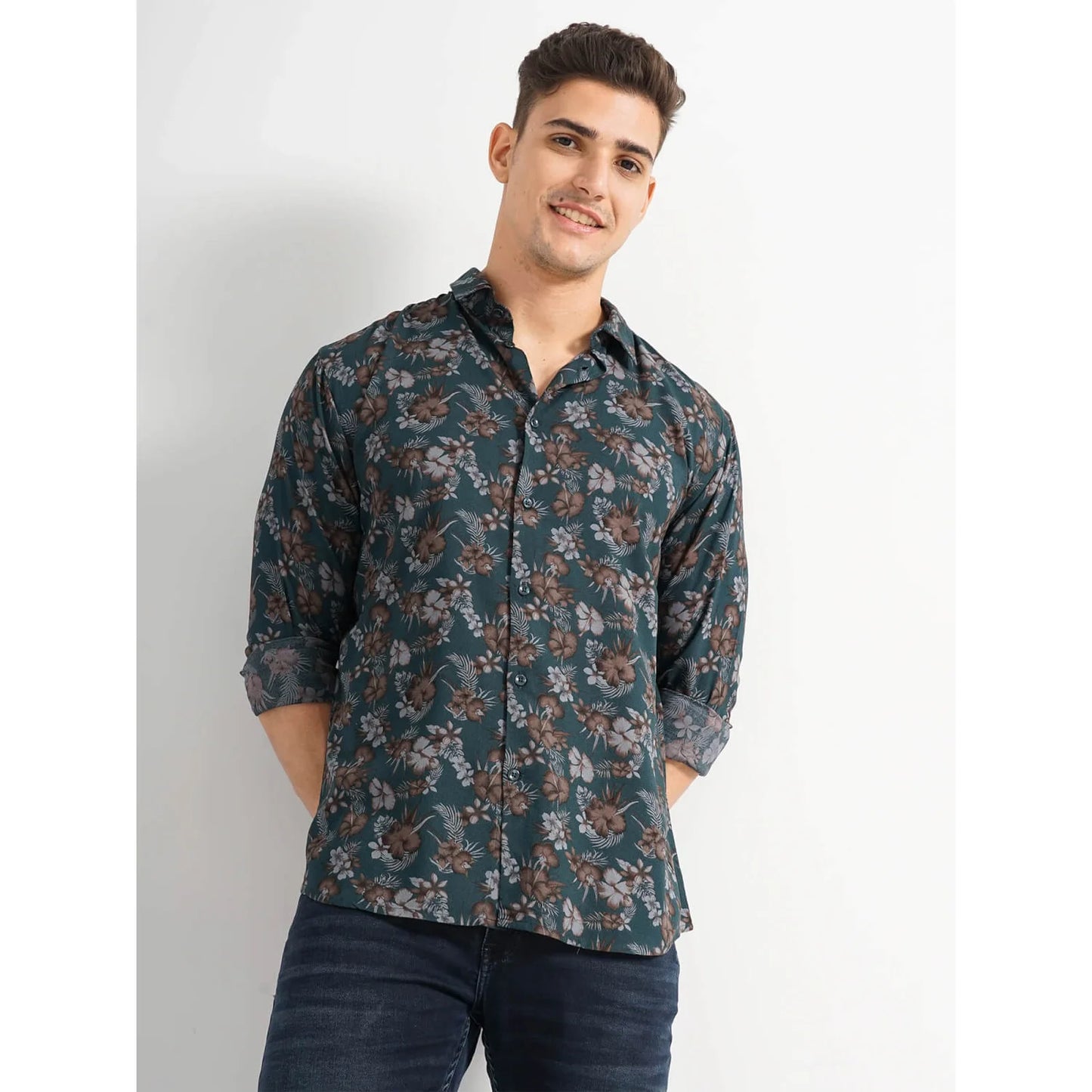 Celio* Floral Regular Fit Viscose Blue Shirt
