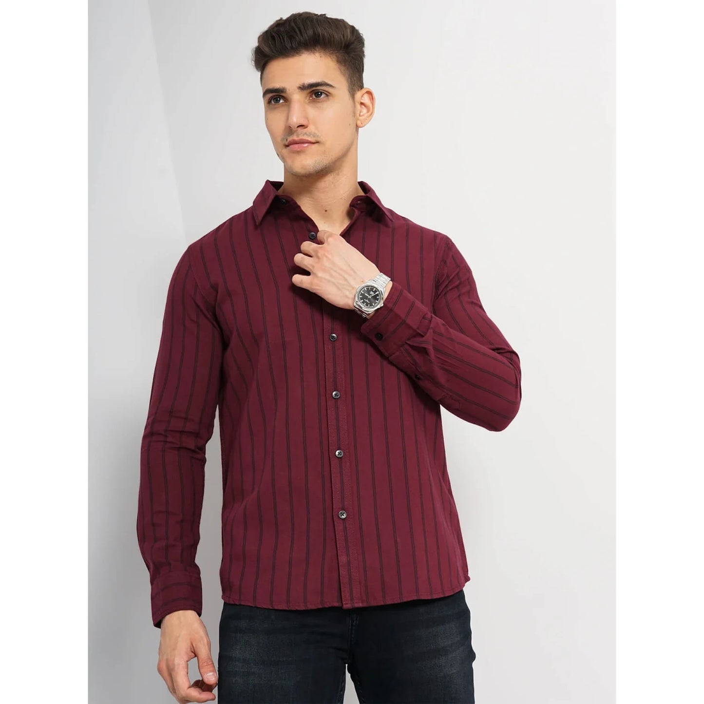 Celio* Striped Regular Fit Cotton Maroon Shirt