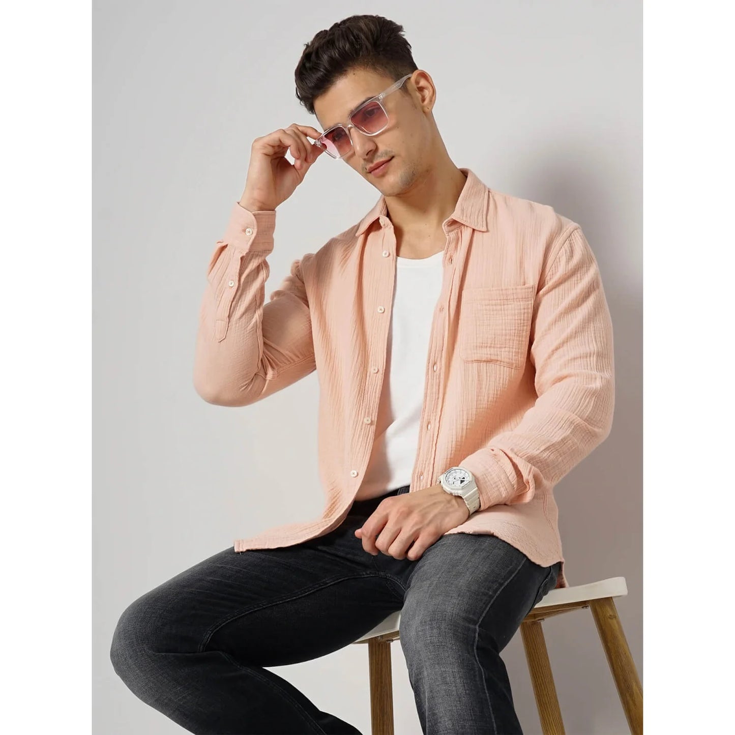 Celio* Solid Regular Fit Cotton Peach Shirt