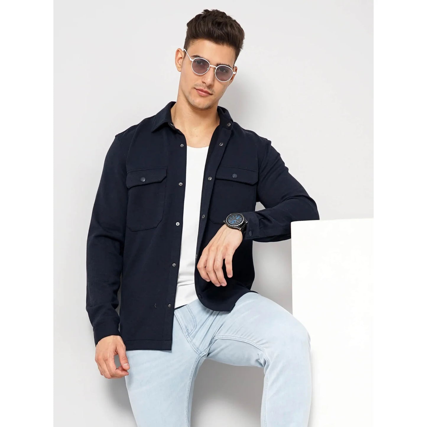 Celio* Solid Loose Fit Polyester Blue Shirt