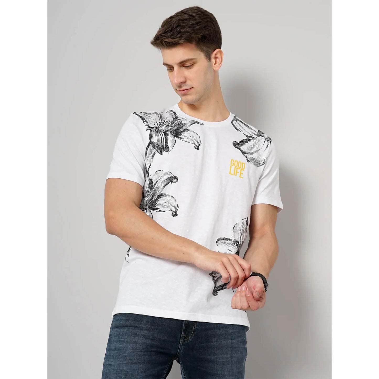 Celio* Abstract Regular Fit Cotton White T-Shirt