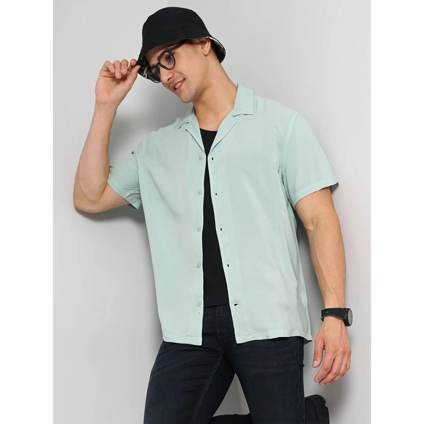 Celio* Solid Regular Fit Viscose Green Shirt