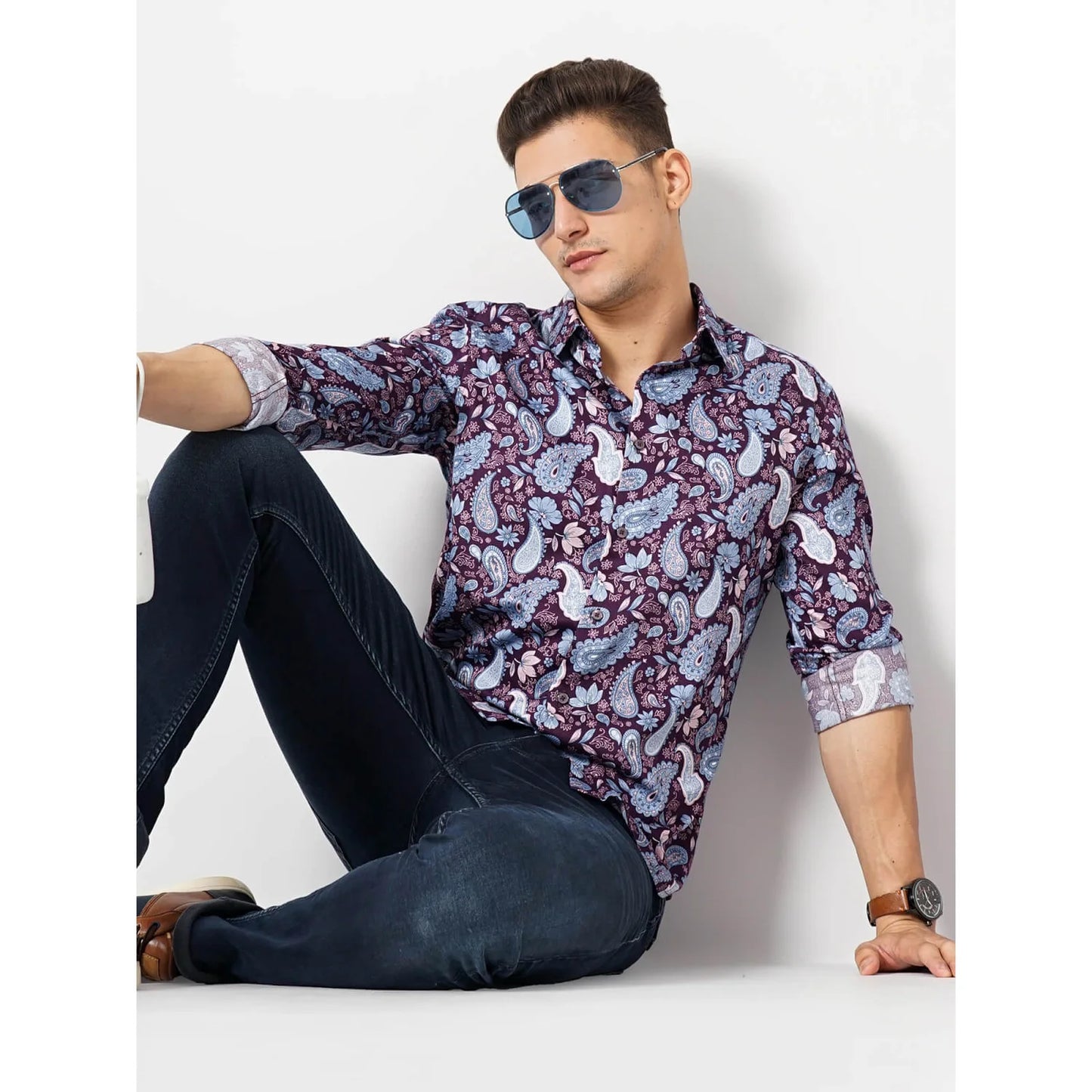 Celio* Paisley Regular Fit Cotton Purple Shirt