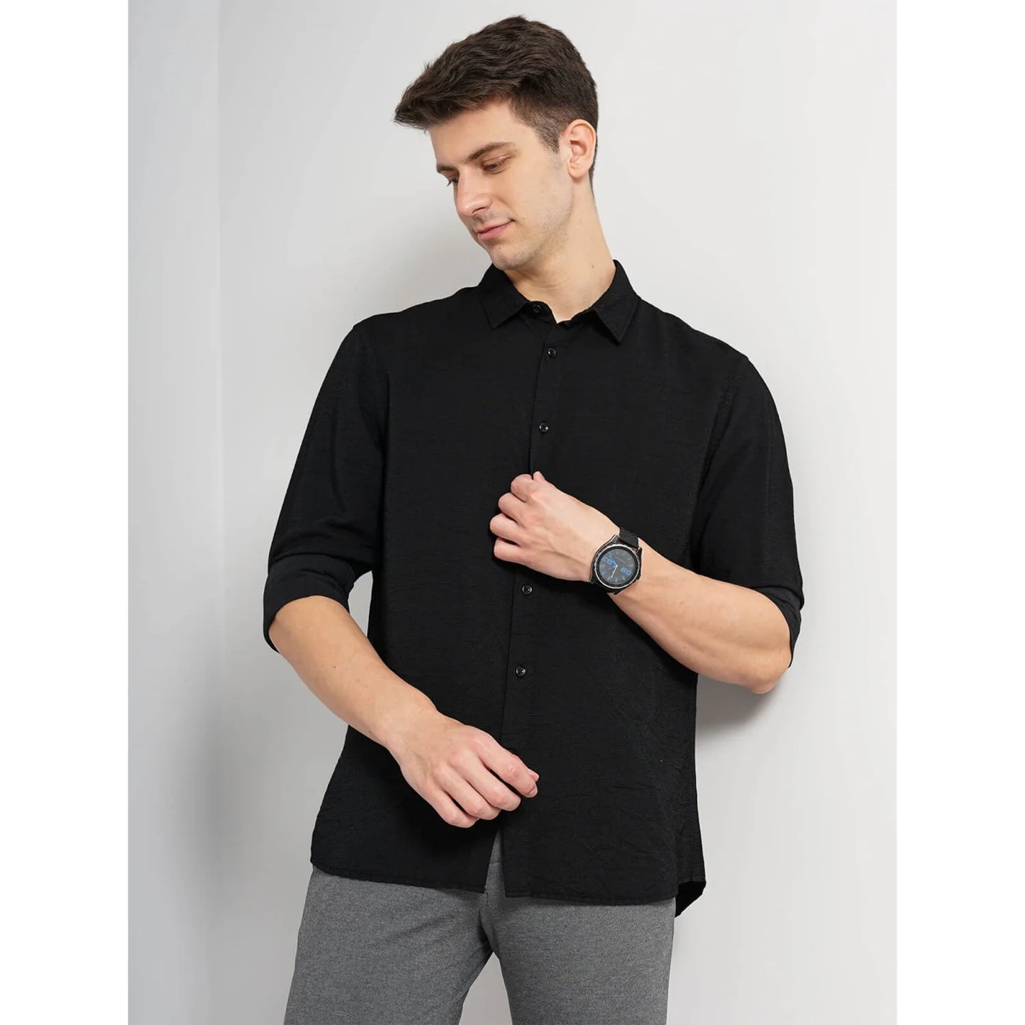 Celio* Solid Slim Fit Viscose-Blend Black Shirt