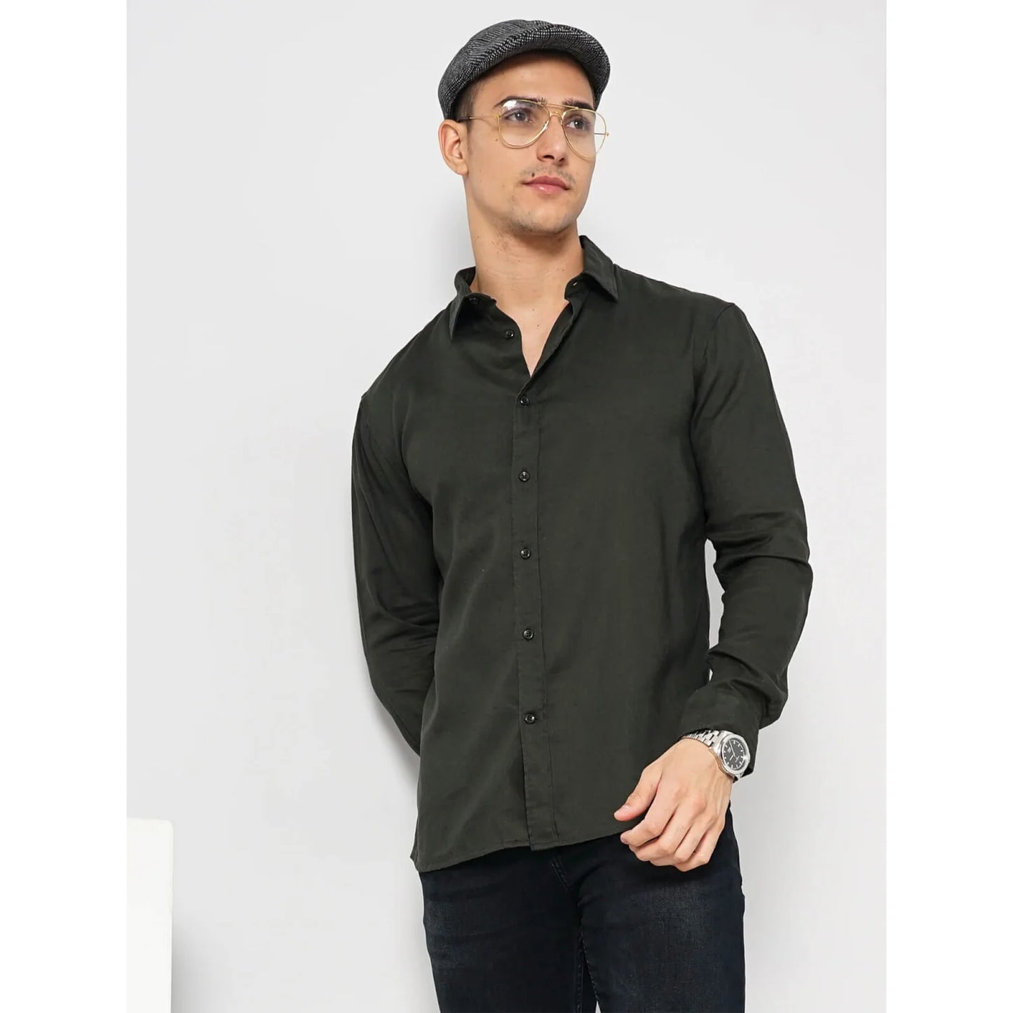 Celio* Solid Regular Fit Linen-Blend Green Shirt