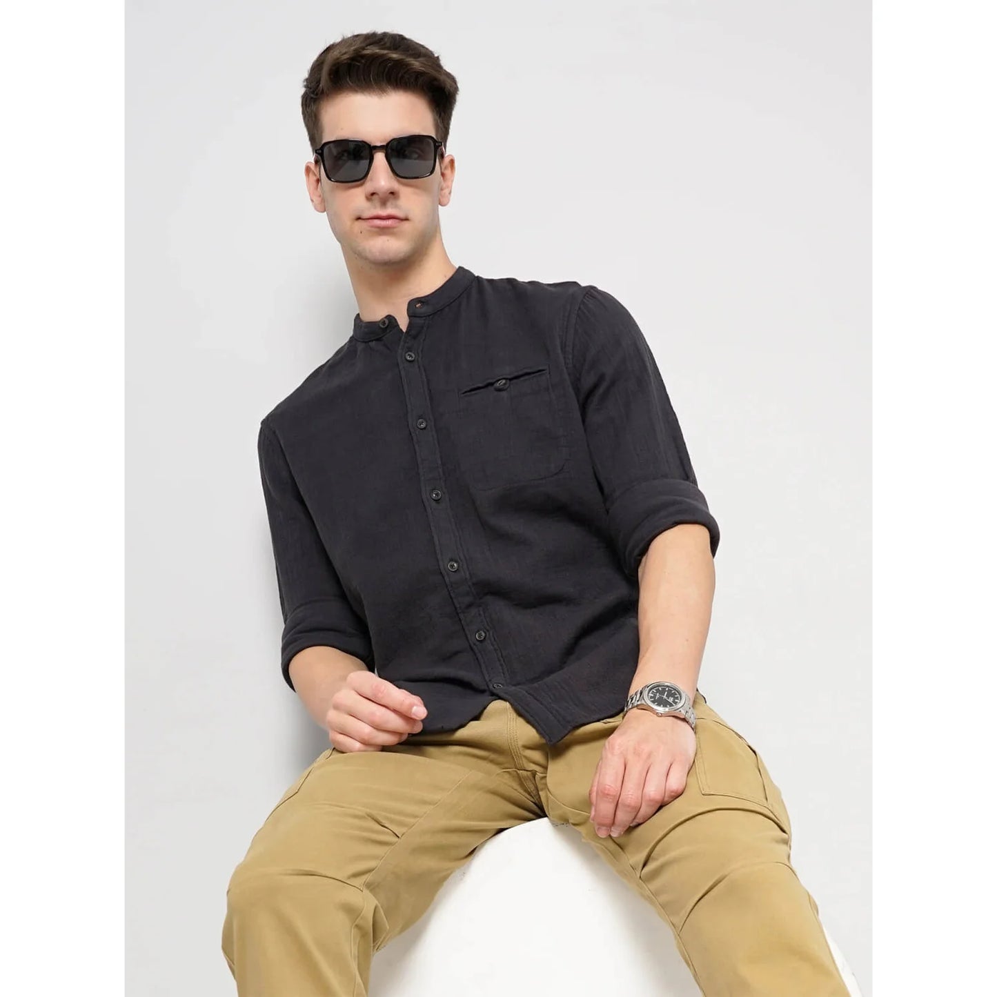 Celio* Solid Regular Fit Cotton Black Shirt