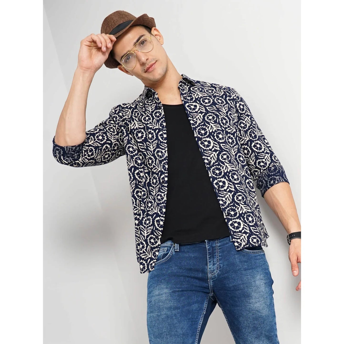 Celio* Floral Regular Fit Cotton Blue Shirt