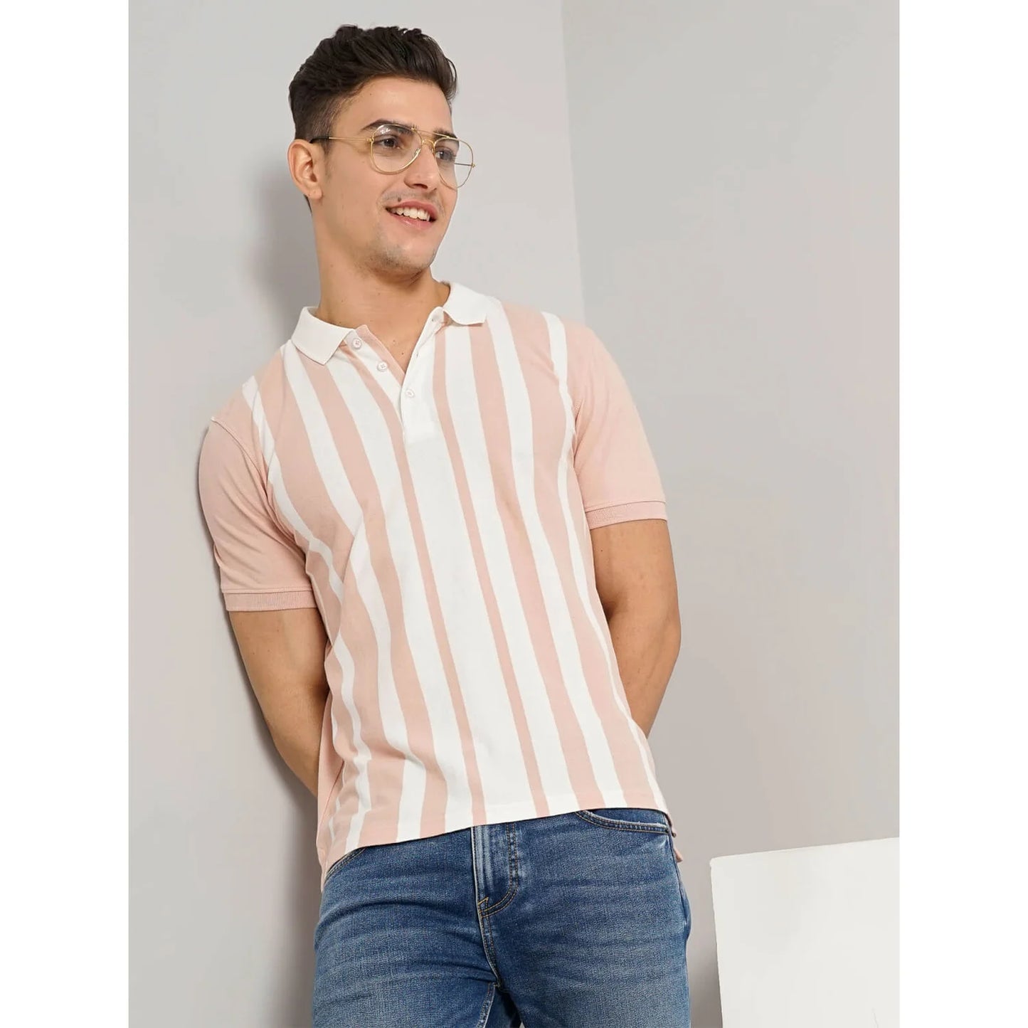 Celio* Striped Regular Fit Cotton Peach T-Shirt