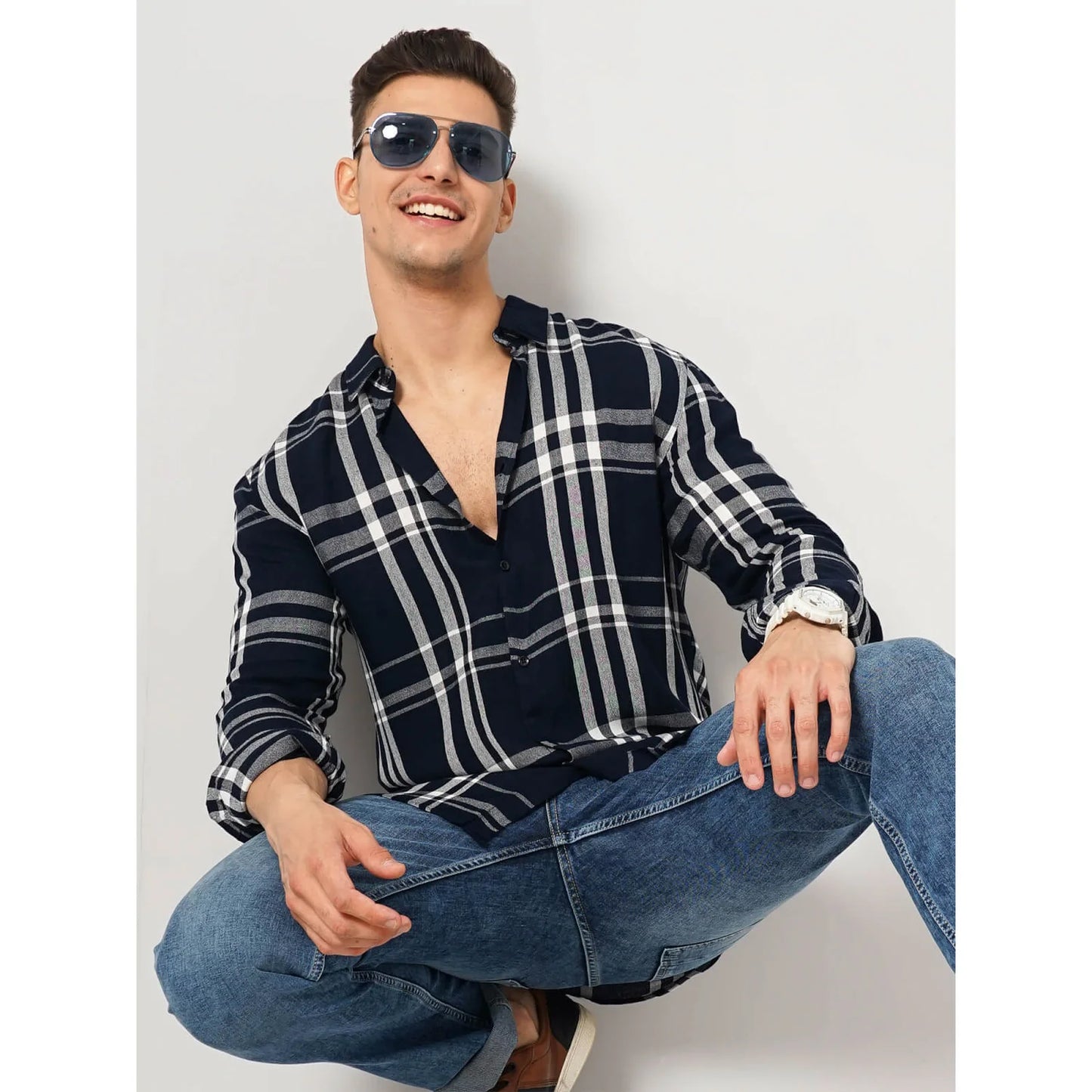 Celio* Checked Regular Fit Viscose Blue Shirt