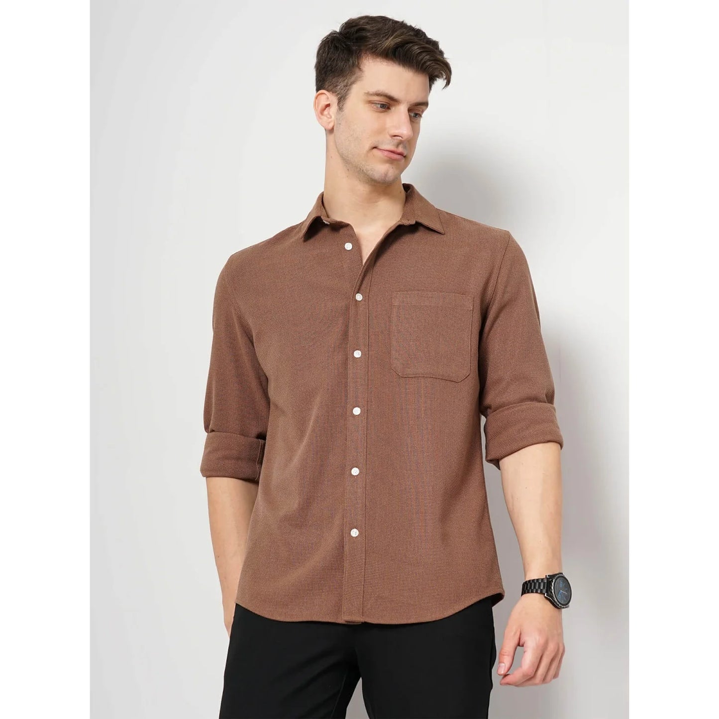 Celio* Solid Regular Fit Polyester Brown Shirt