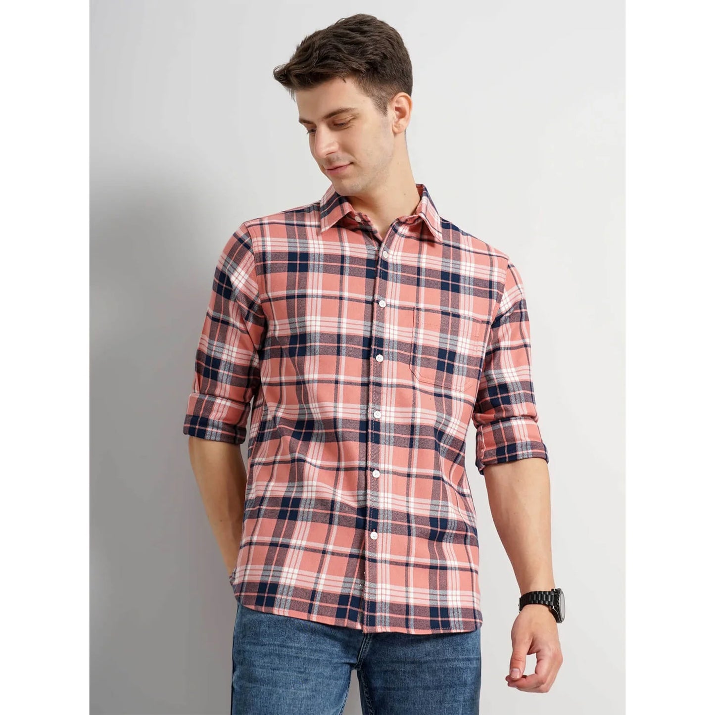 Celio* Checked Regular Fit Cotton Pink Shirt