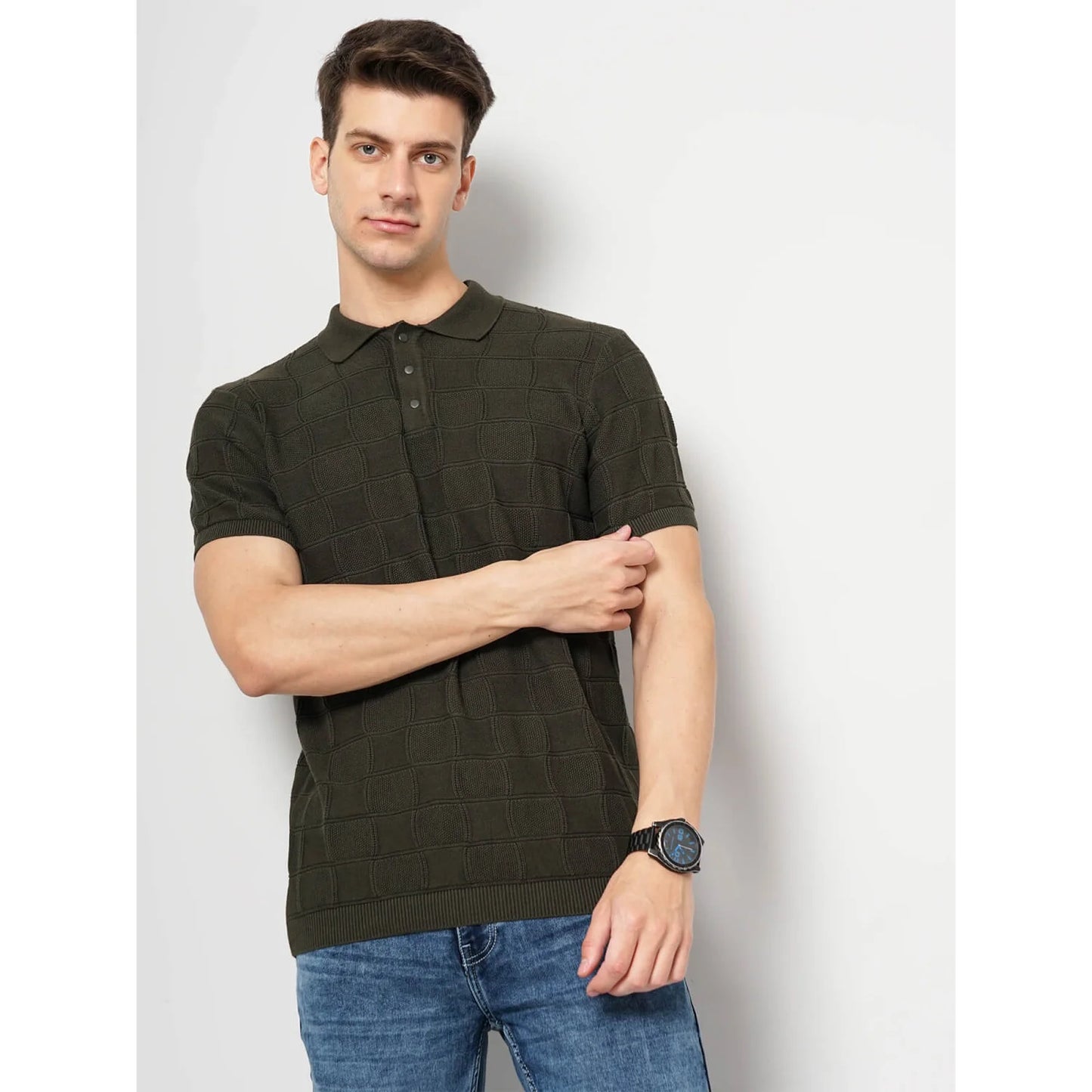 Celio* Solid Regular Fit Cotton Olive T-Shirt
