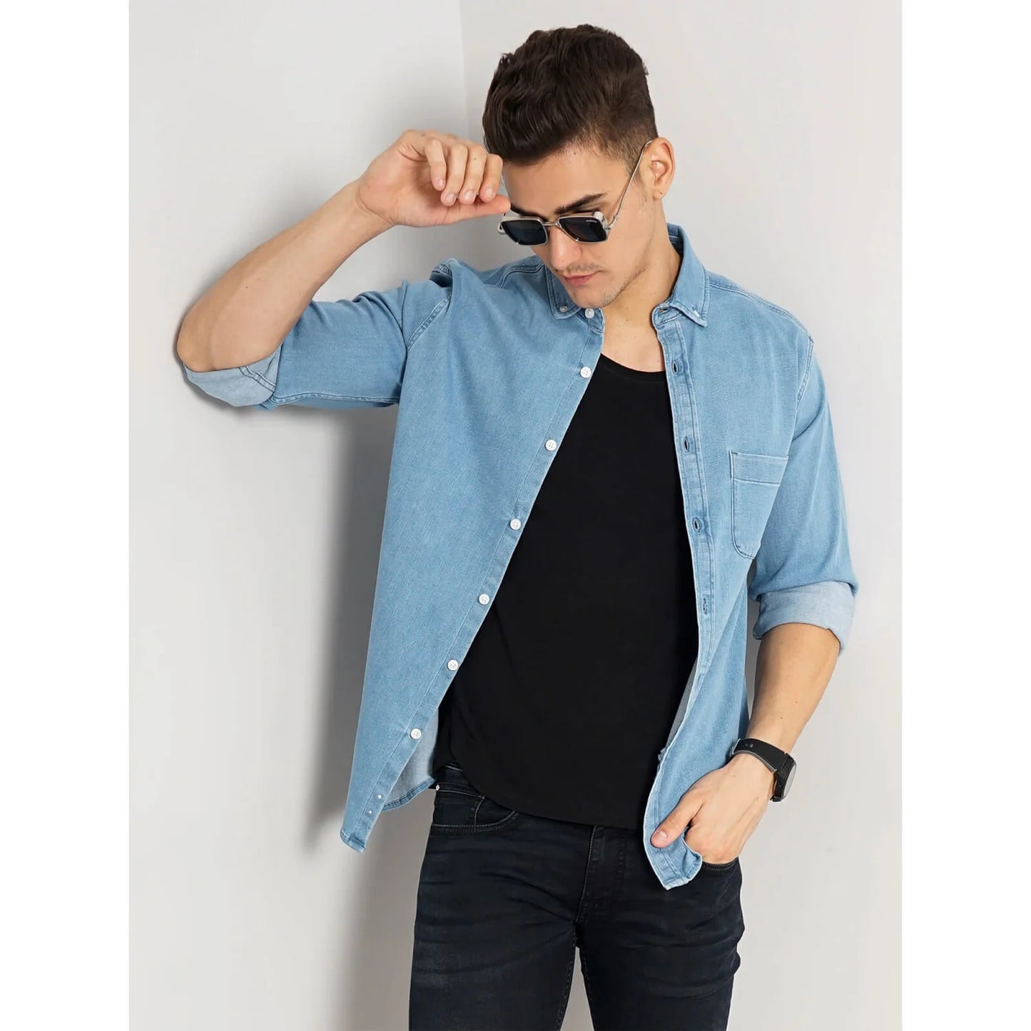 Celio* Solid Regular Fit Cotton-Blend Blue Shirt