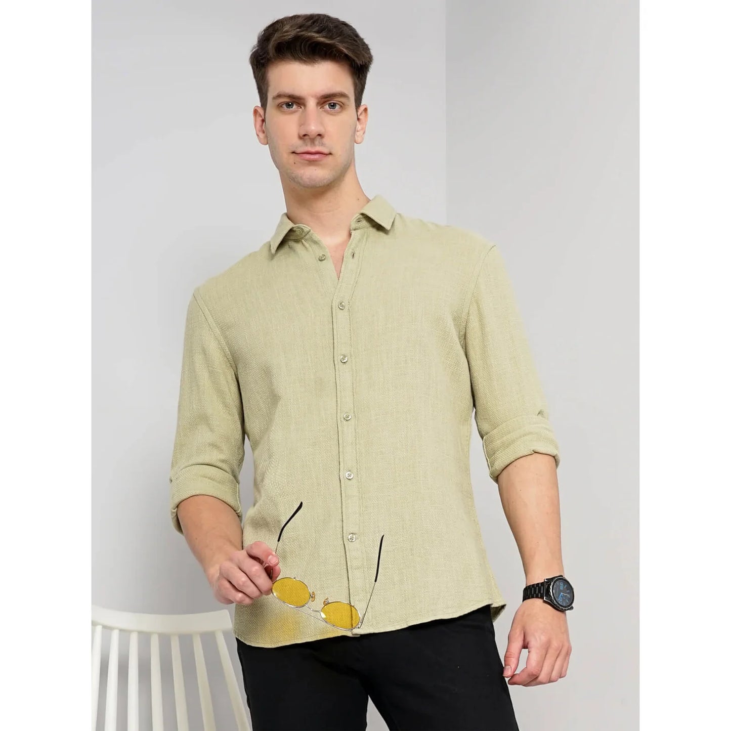 Celio* Solid Slim Fit Cotton Green Shirt