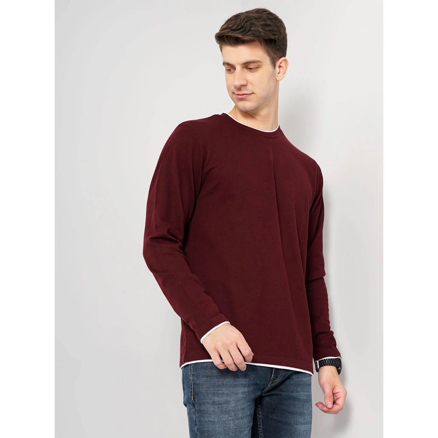 Celio* Solid Regular Fit Cotton Burgundy T-Shirt