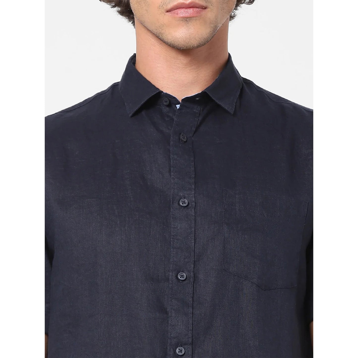 Celio* Solid Regular Fit Linen Blue Shirt