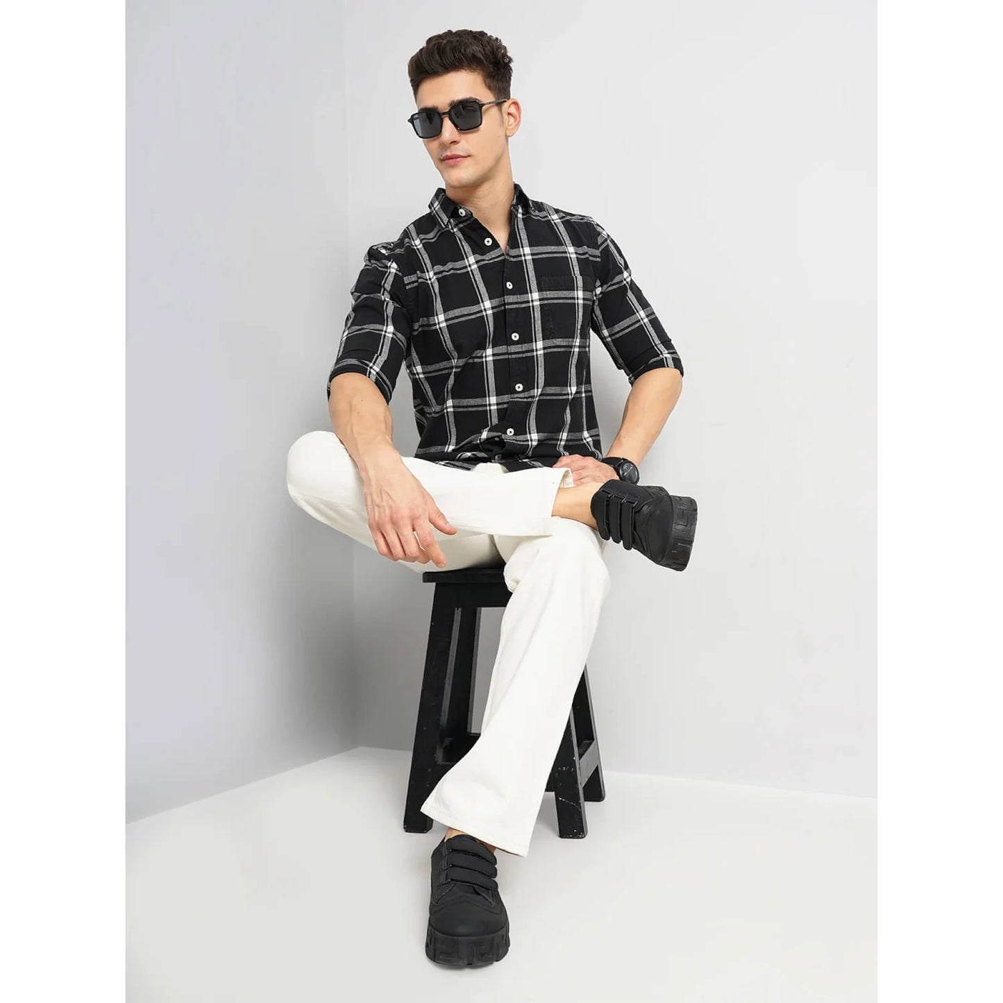 Celio* Checked Regular Fit Linen Black Shirt