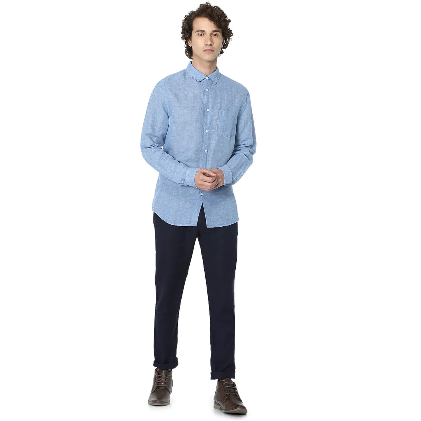 Celio* Checked Regular Fit Linen Blue Shirt