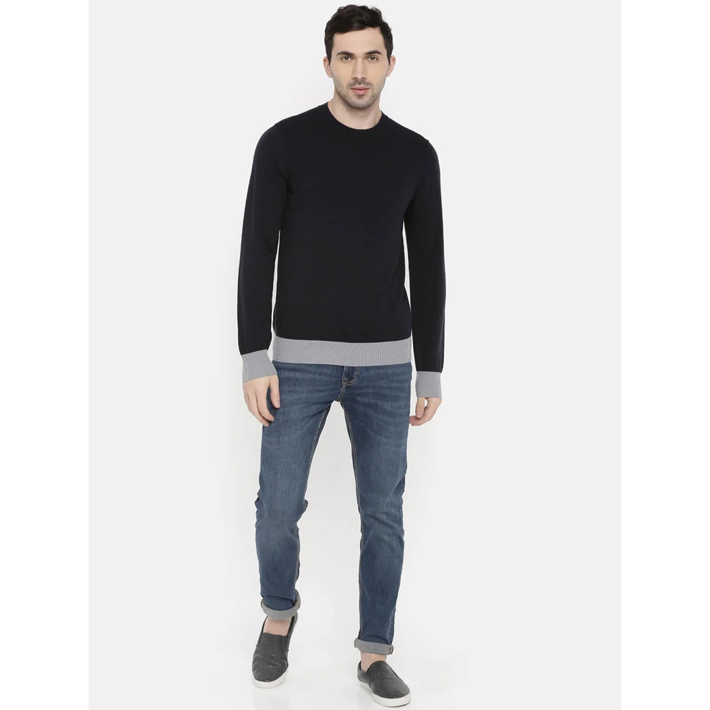 Celio* Solid Regular Fit Cotton Black Sweater