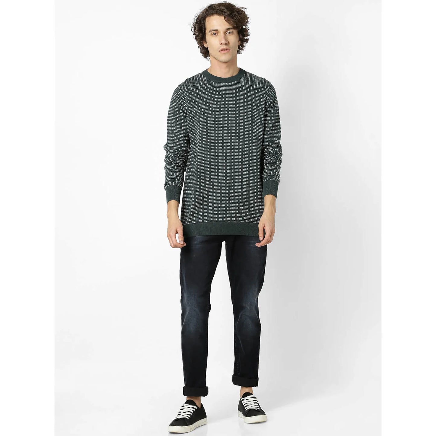 Celio* Printed Regular Fit Cotton Green Sweater