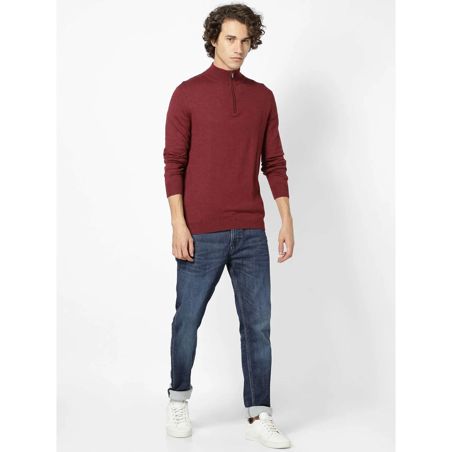 Celio* Solid Regular Fit Cotton-Blend Maroon Sweater