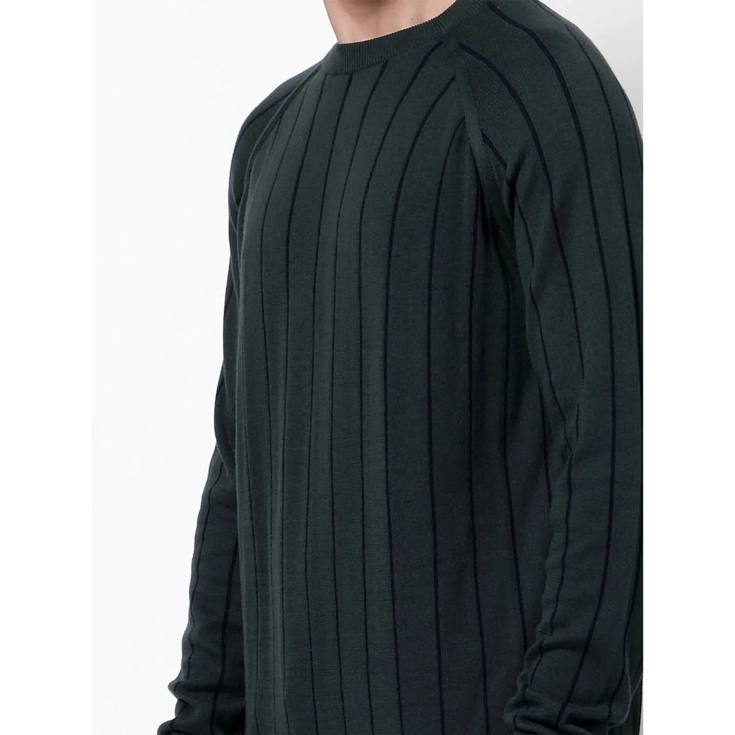 Celio* Striped Regular Fit Cotton Green Sweater