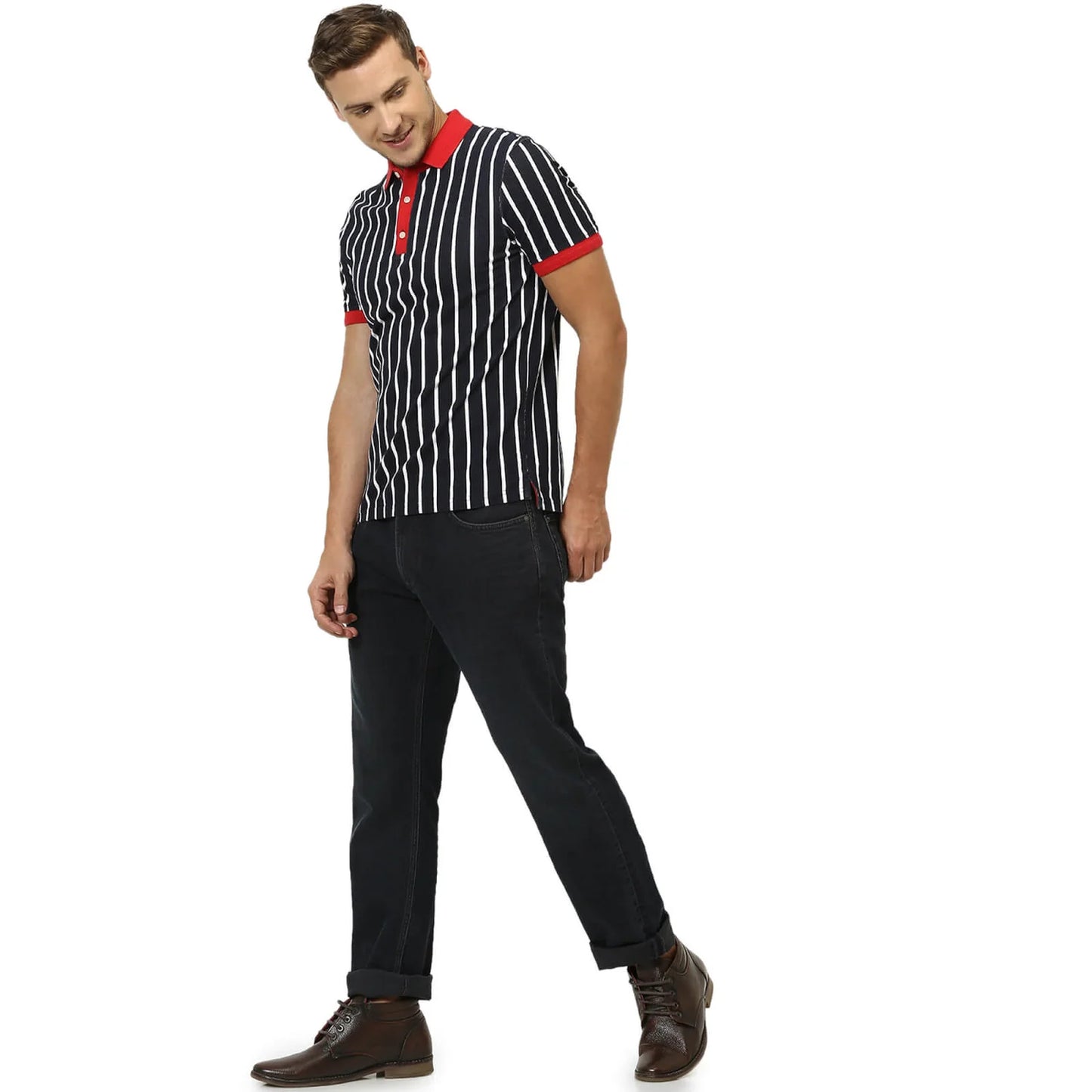 Celio* Striped Regular Fit Cotton Blue T-Shirt