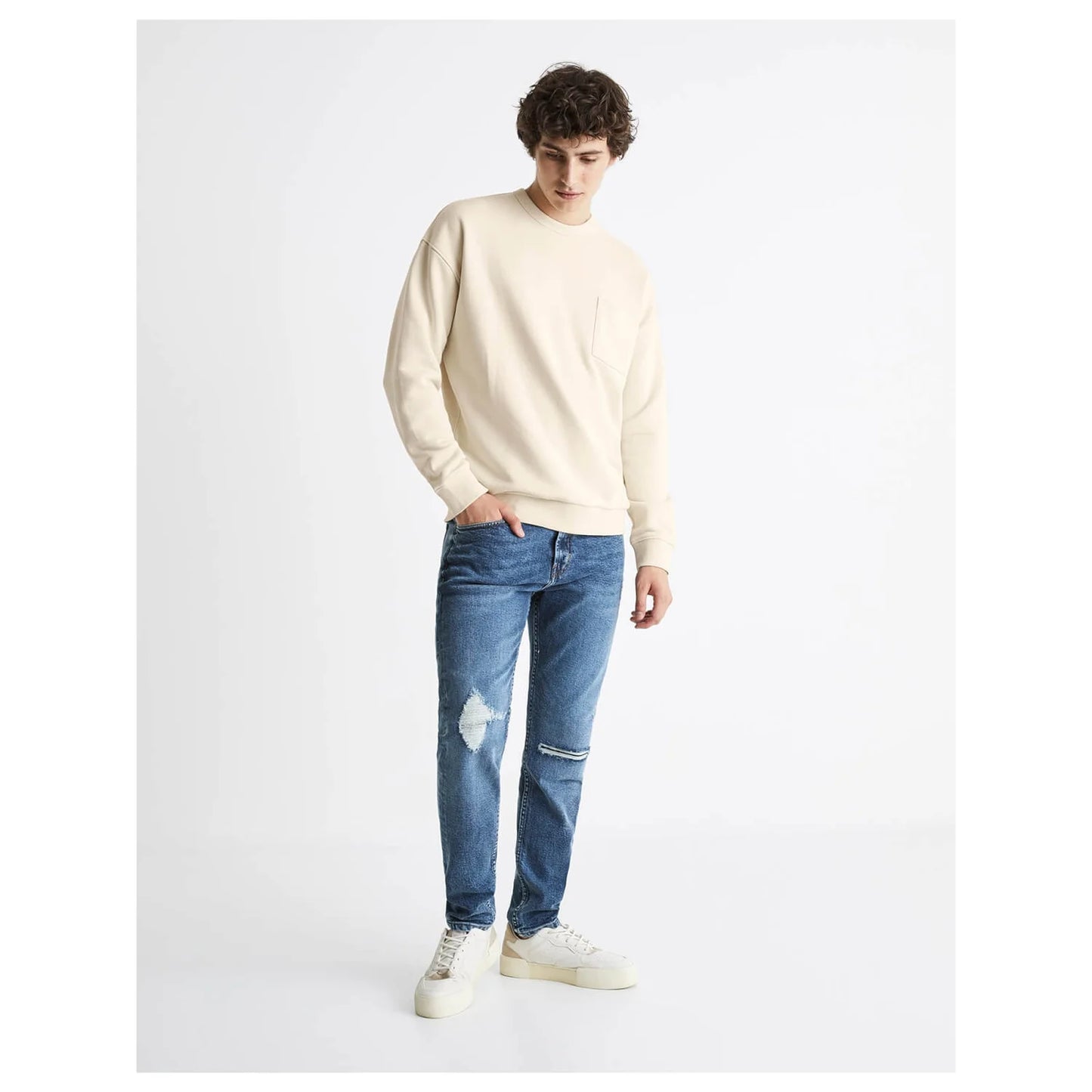Celio* Solid Regular Fit Cotton-Blend Beige Sweatshirt