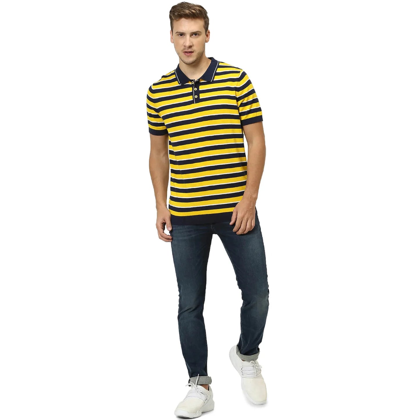 Celio* Striped Regular Fit Cotton Yellow T-Shirt